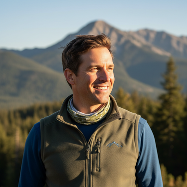 make the man look 35 years old, wearing athletic/hiking attire